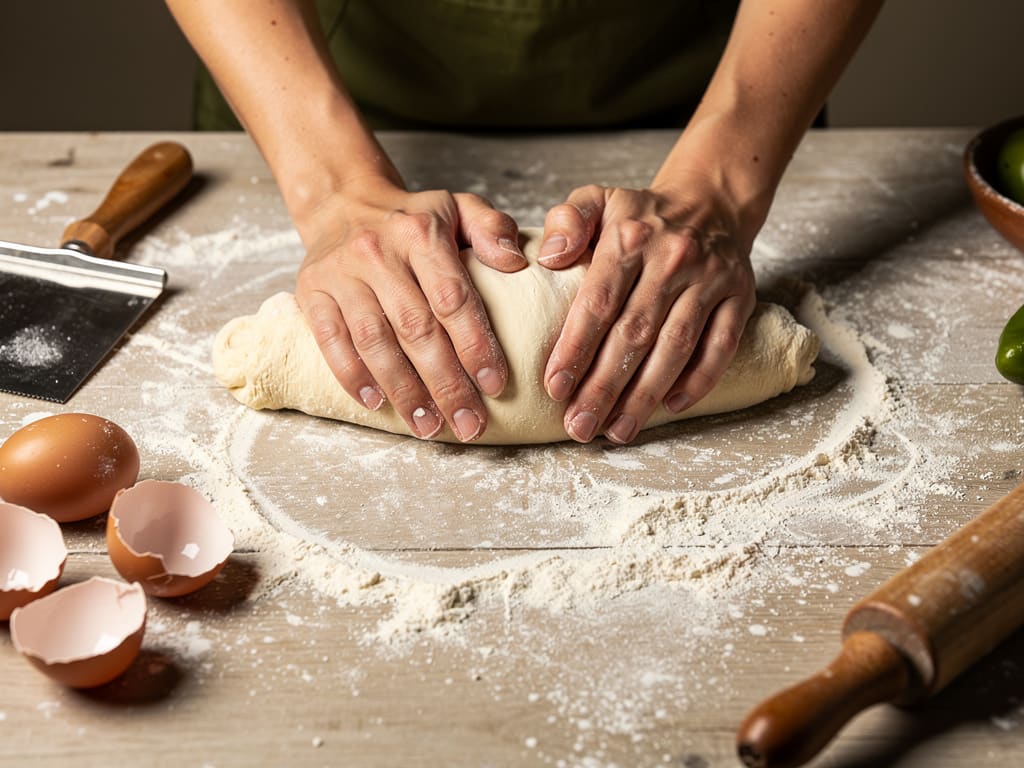 Mani che lavorano pasta fresca su un tavolo infarinato